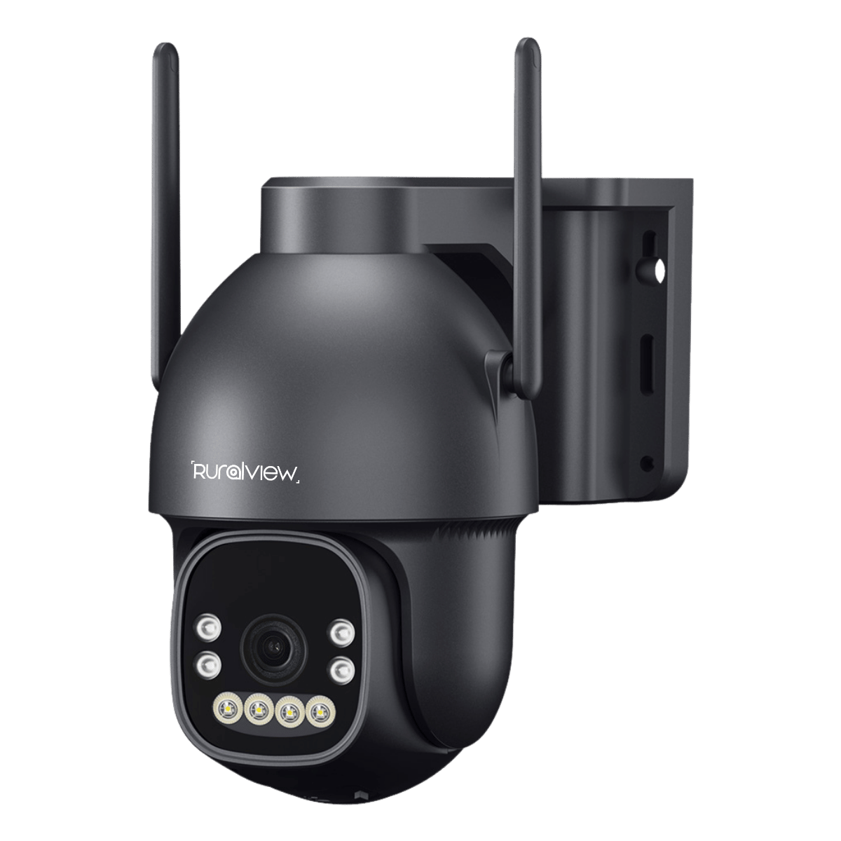 Black security camera with 'ruralview' branding on a white background