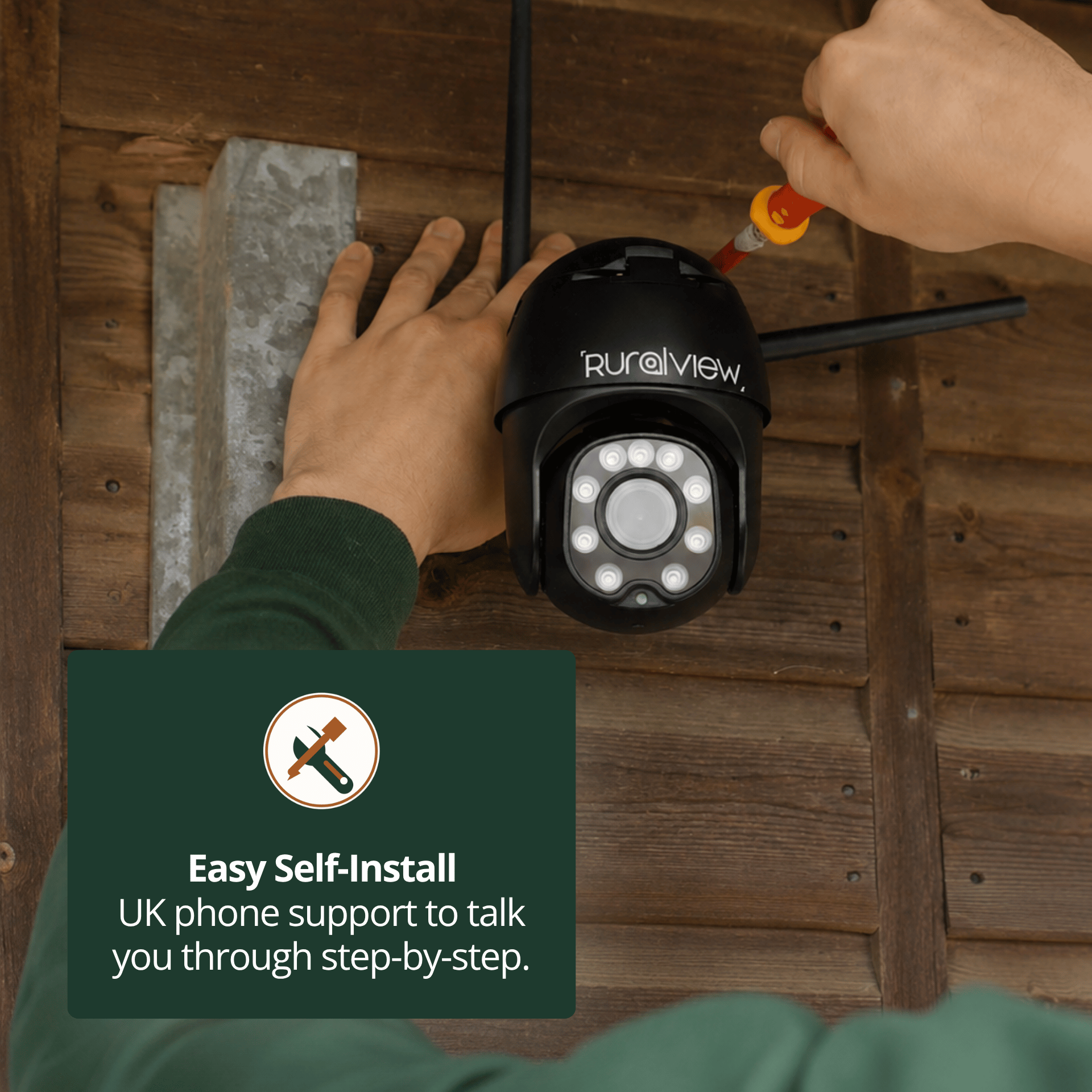Installing a RuralView 360 Mini camera on a timber wall, with a callout for step-by-step UK phone support.
