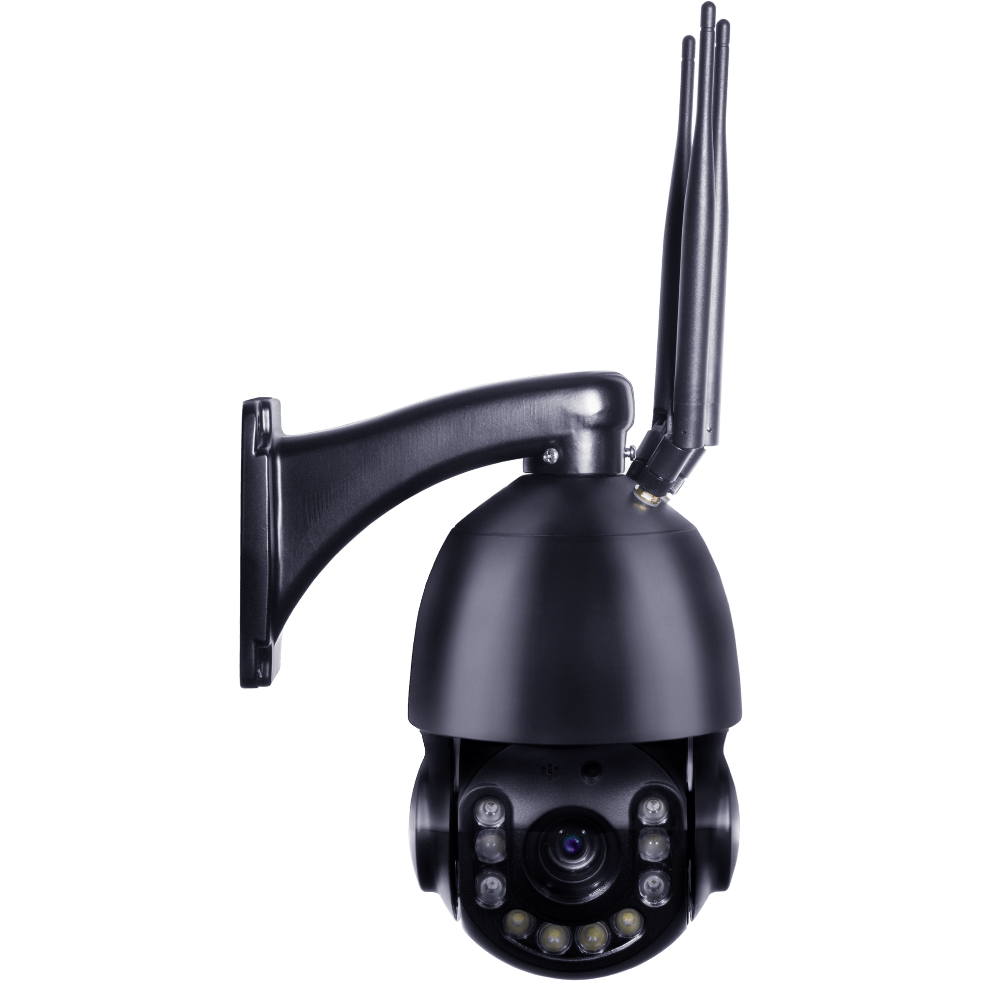 RuralView 360 Zoom camera viewed at an angle, showing its antennas and wall bracket.