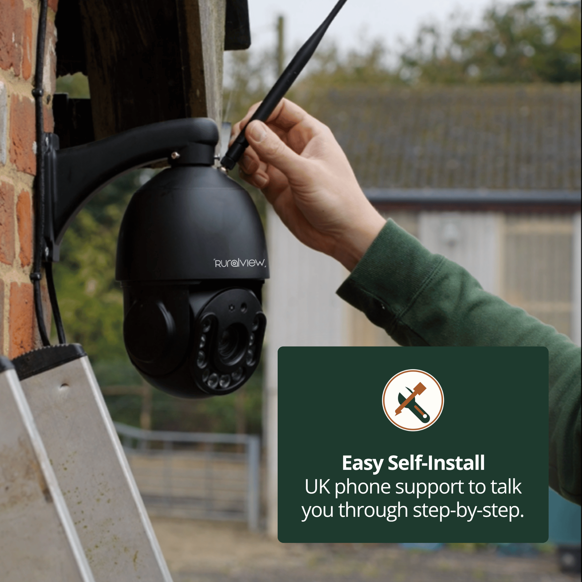 Adjusting the antenna on a wall-mounted RuralView 360 Zoom camera, with a callout for UK phone setup support.