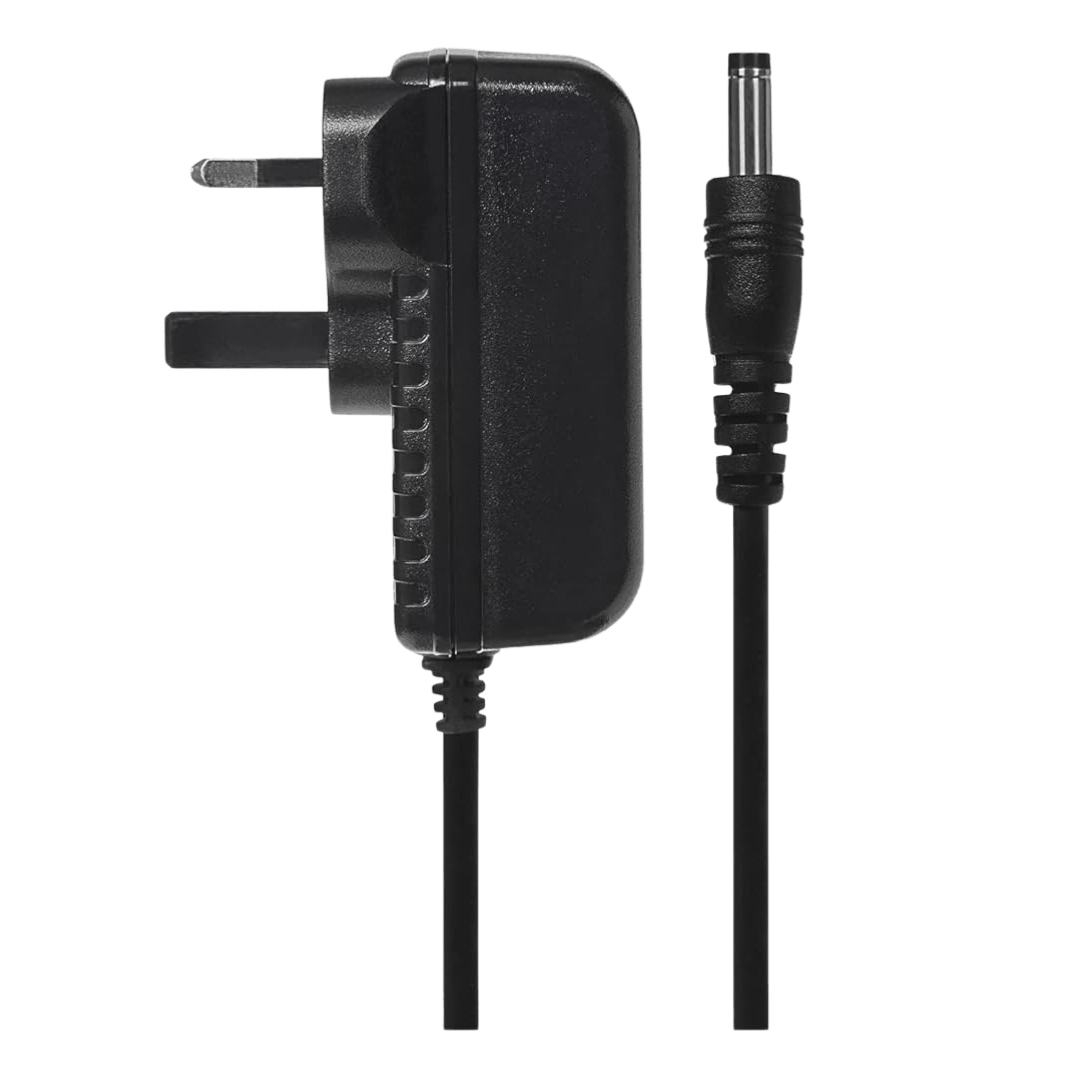 A black camera power supply with a UK plug and a DC connector.