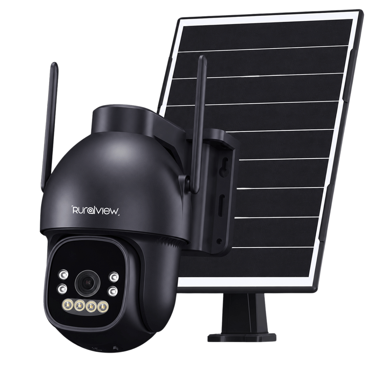 RuralView Solar 4G security camera with solar panel on a white background