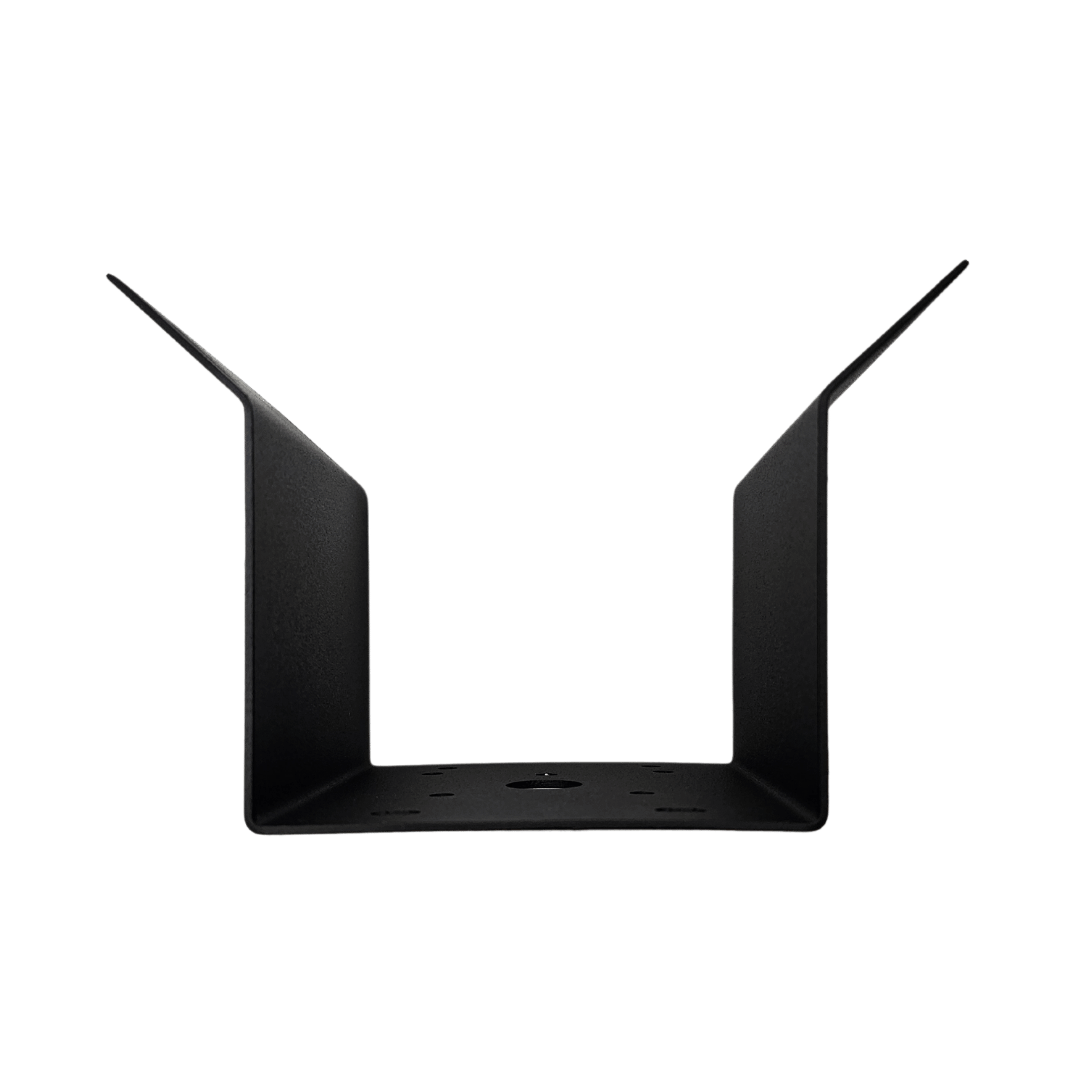 Top view of a black camera corner mounting bracket.