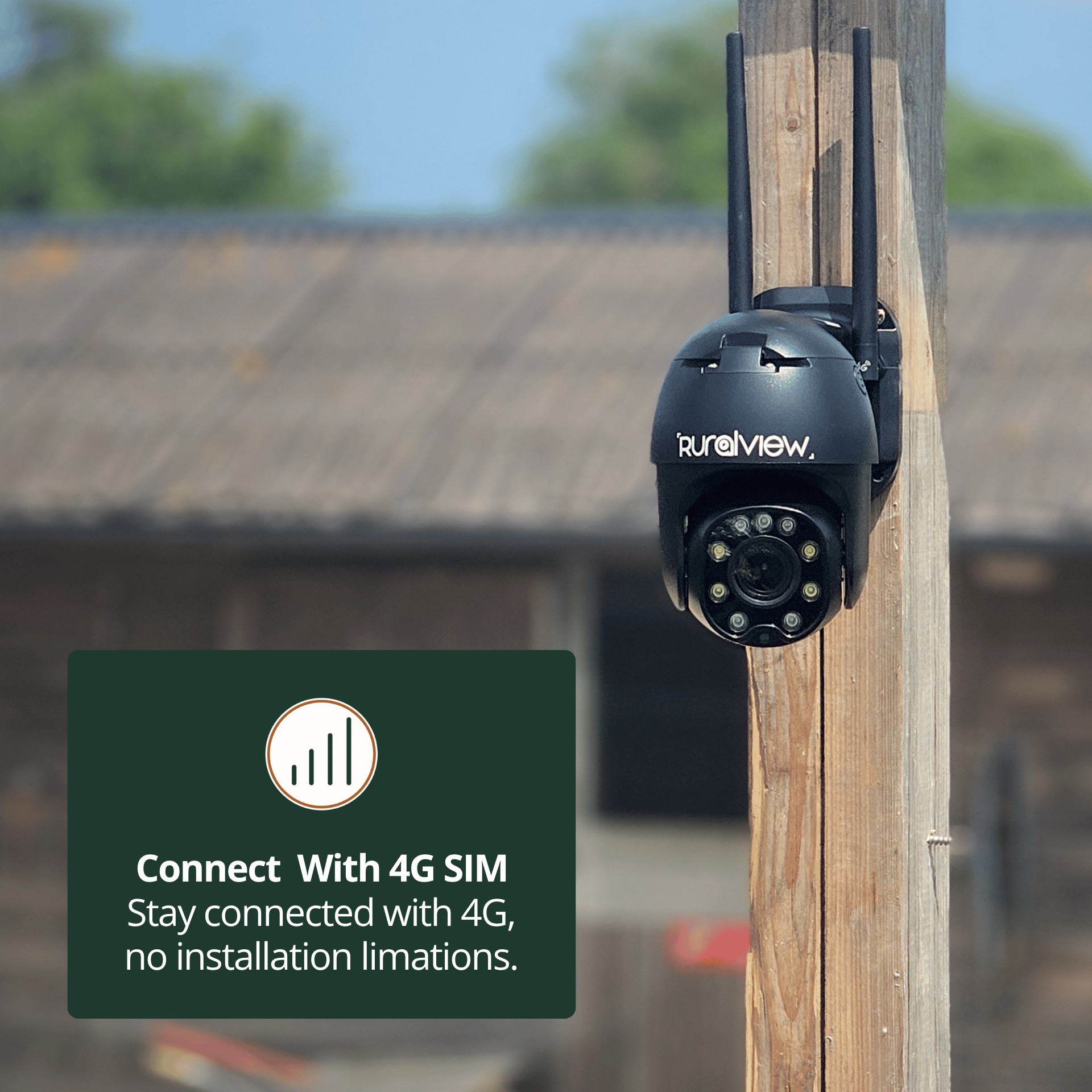 RuralView 360 Mini camera mounted on a timber post, with a callout explaining 4G SIM connectivity.