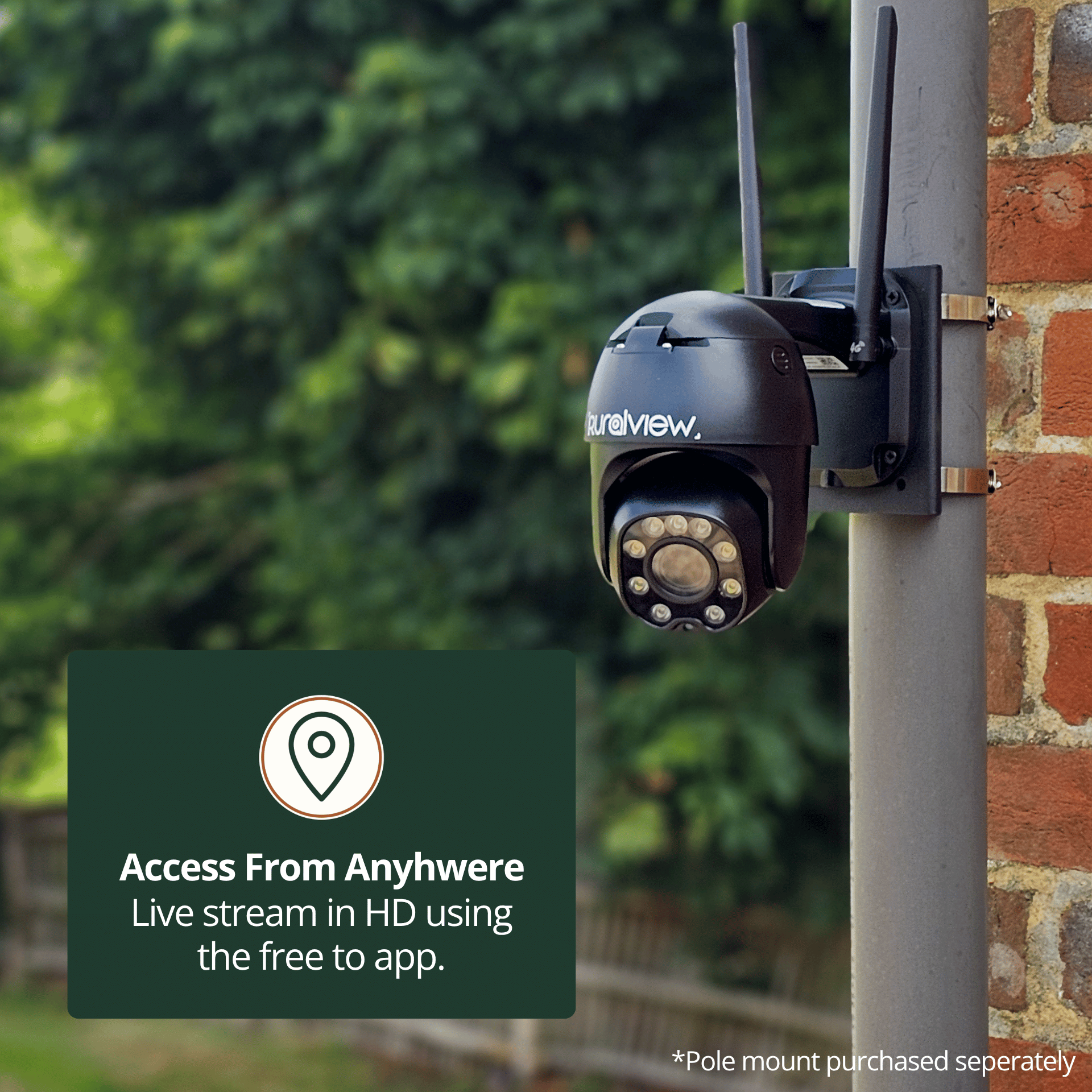 RuralView 360 Mini camera on a pole mount, illustrating remote viewing through the phone app. Pole mount sold separately.