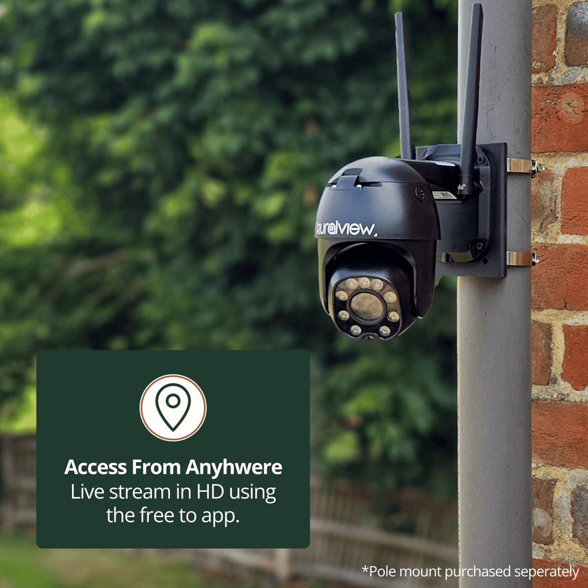RuralView 360 Mini camera on a pole mount, illustrating remote viewing through the phone app. Pole mount sold separately.