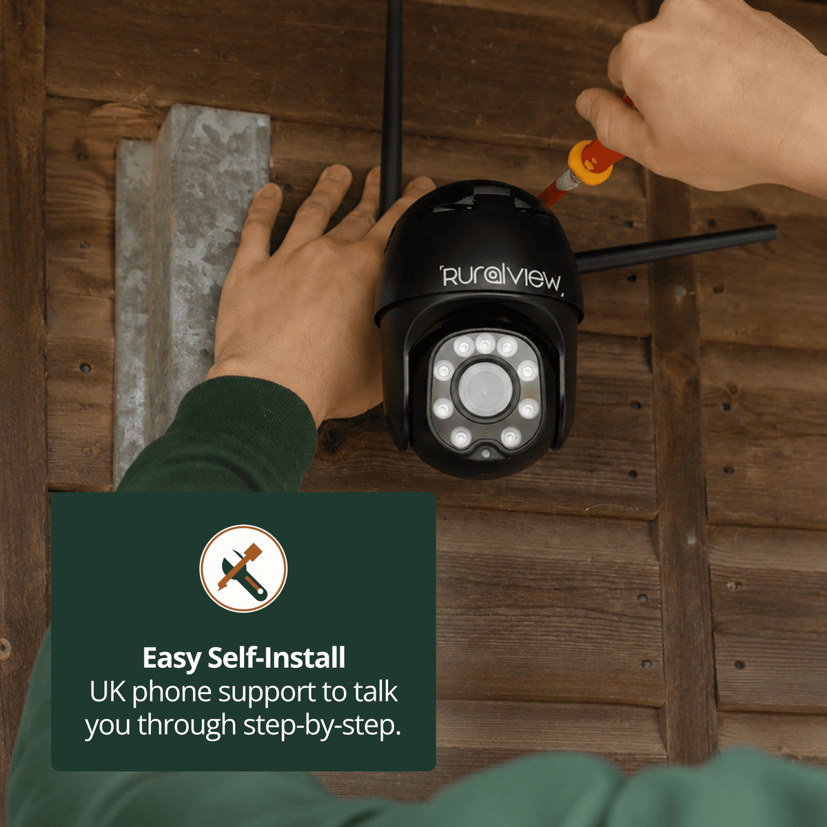 Installing a RuralView 360 Mini camera on a timber wall, with a callout for step-by-step UK phone support.