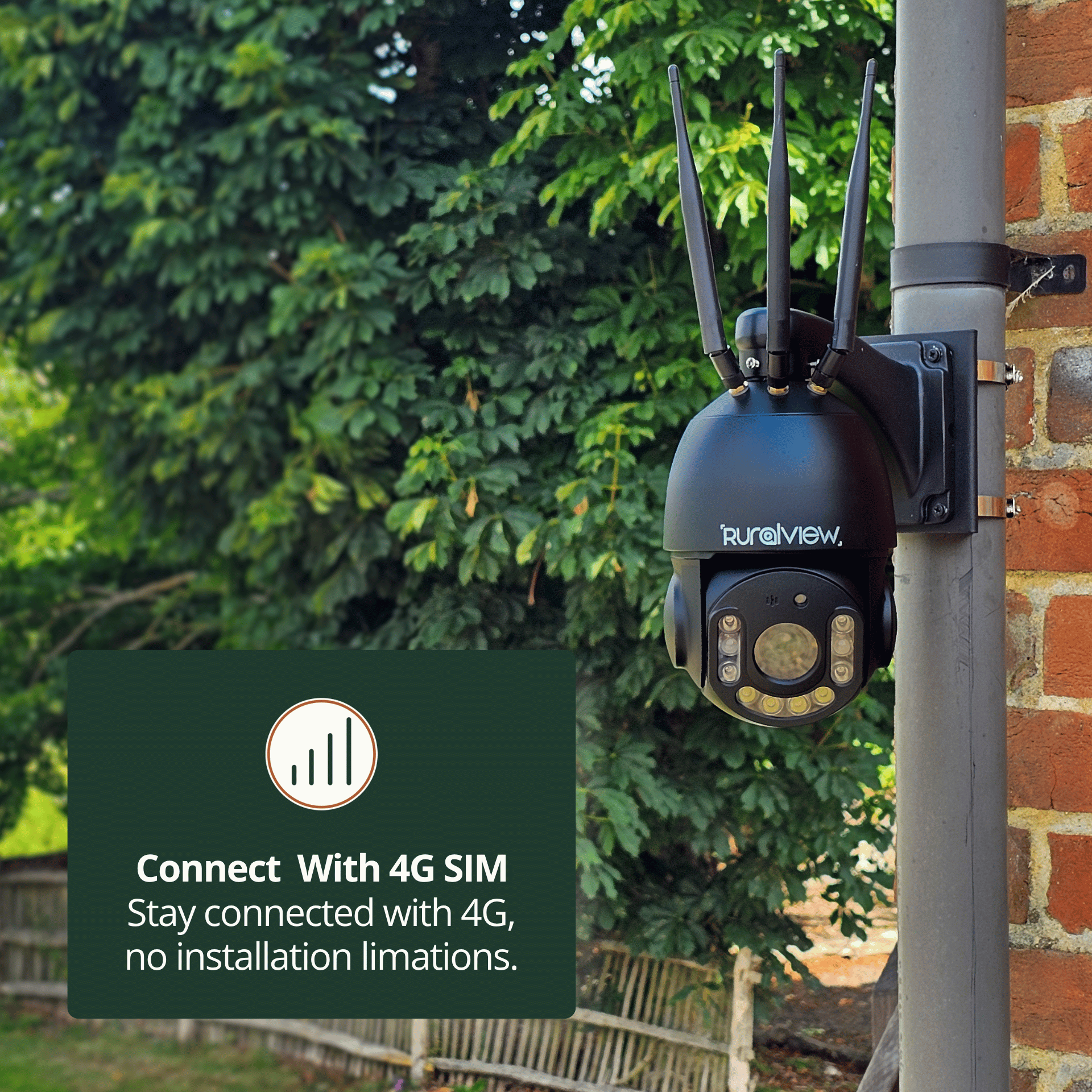 RuralView 360 Zoom camera mounted beside a brick wall, with a callout explaining 4G SIM connectivity.