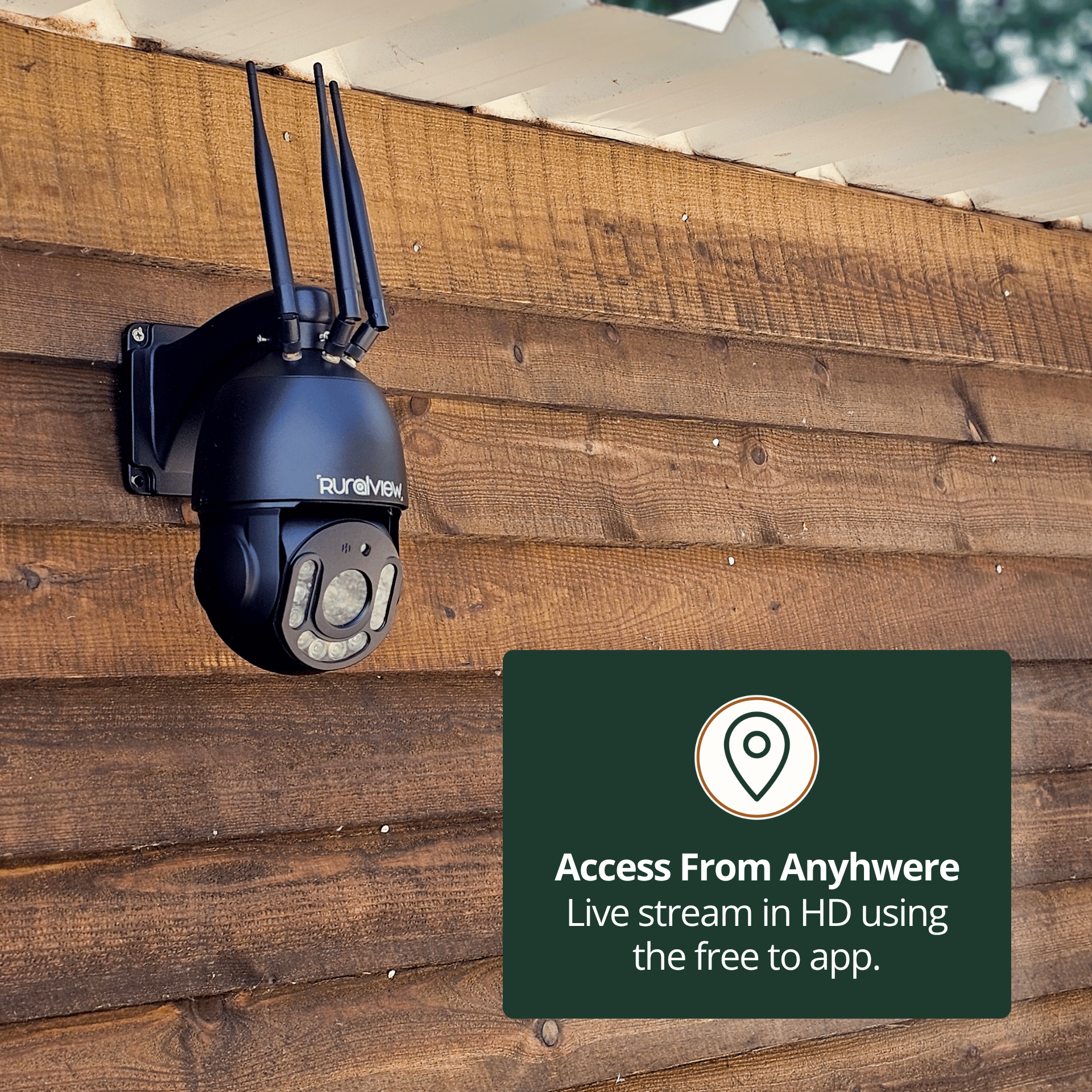 RuralView 360 Zoom camera on a timber wall, illustrating remote HD viewing through the phone app.