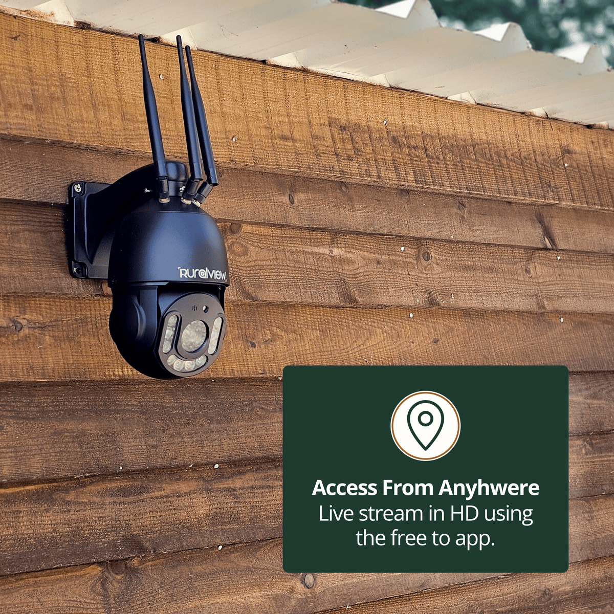 RuralView 360 Zoom camera on a timber wall, illustrating remote HD viewing through the phone app.