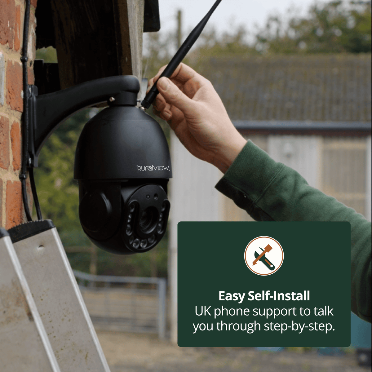Adjusting the antenna on a wall-mounted RuralView 360 Zoom camera, with a callout for UK phone setup support.