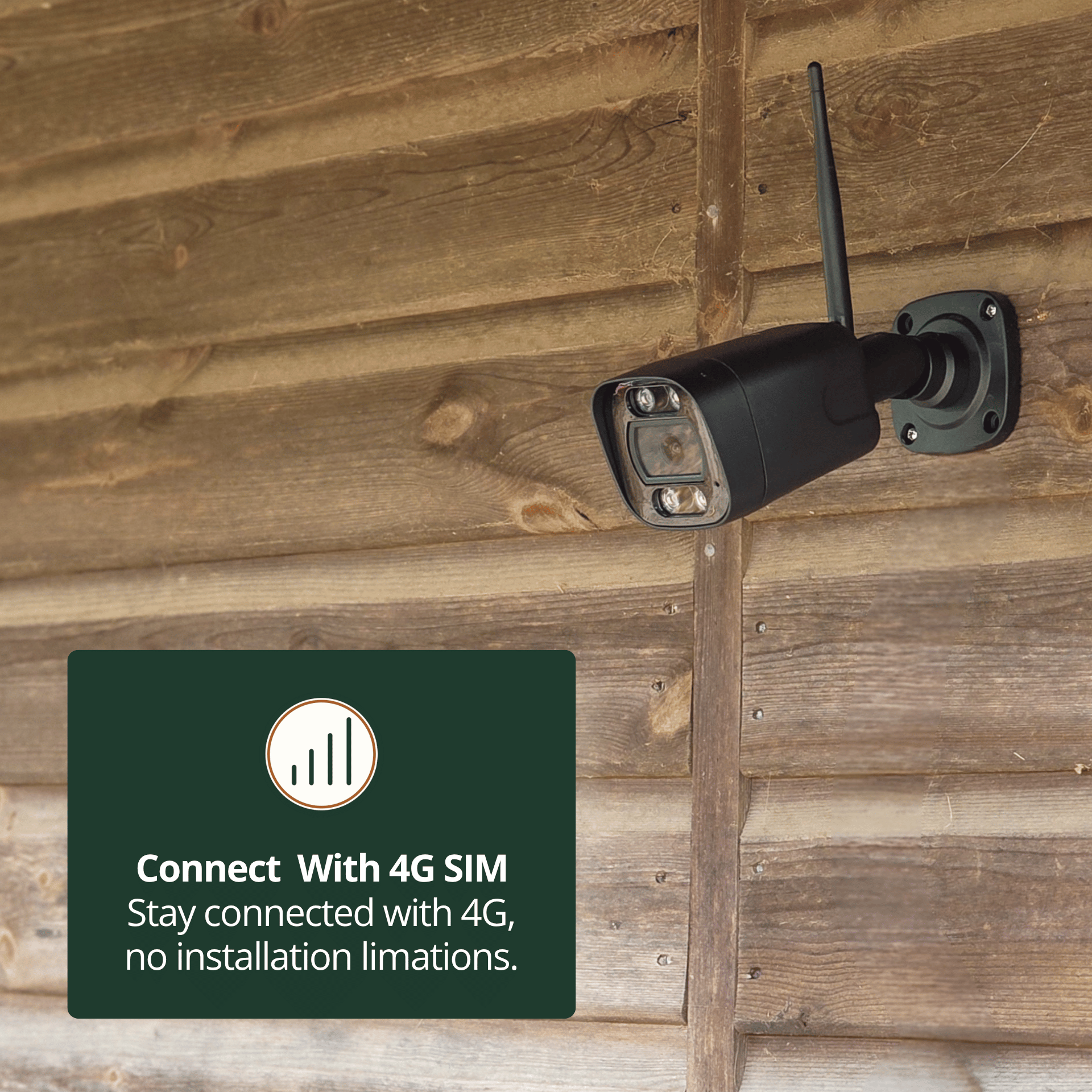 RuralView Bullet camera mounted on a timber wall, with a callout explaining 4G SIM connectivity.