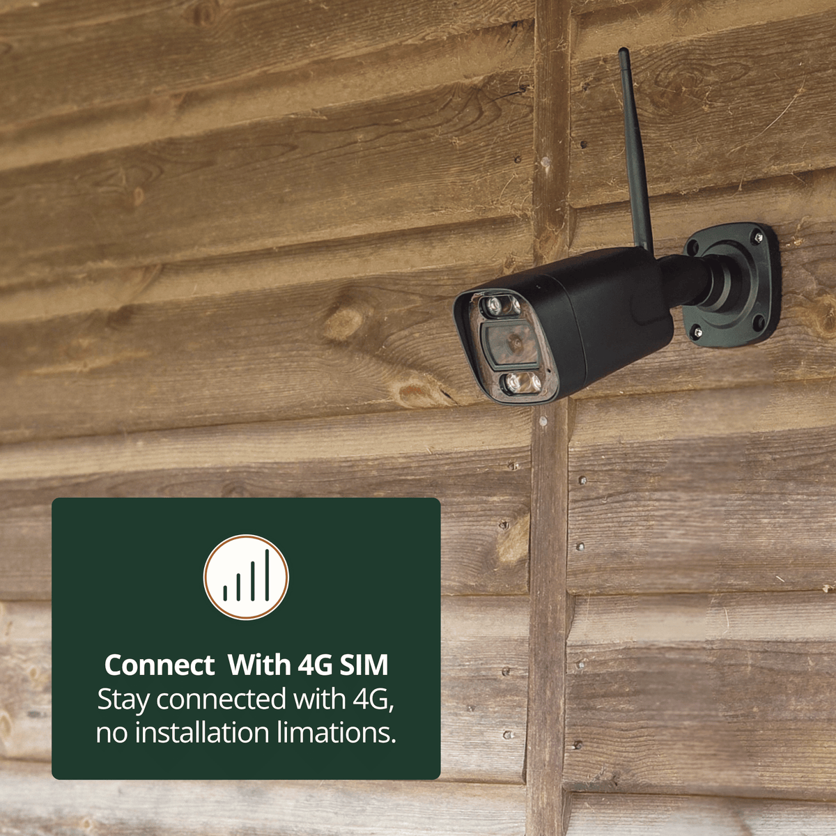 RuralView Bullet camera mounted on a timber wall, with a callout explaining 4G SIM connectivity.