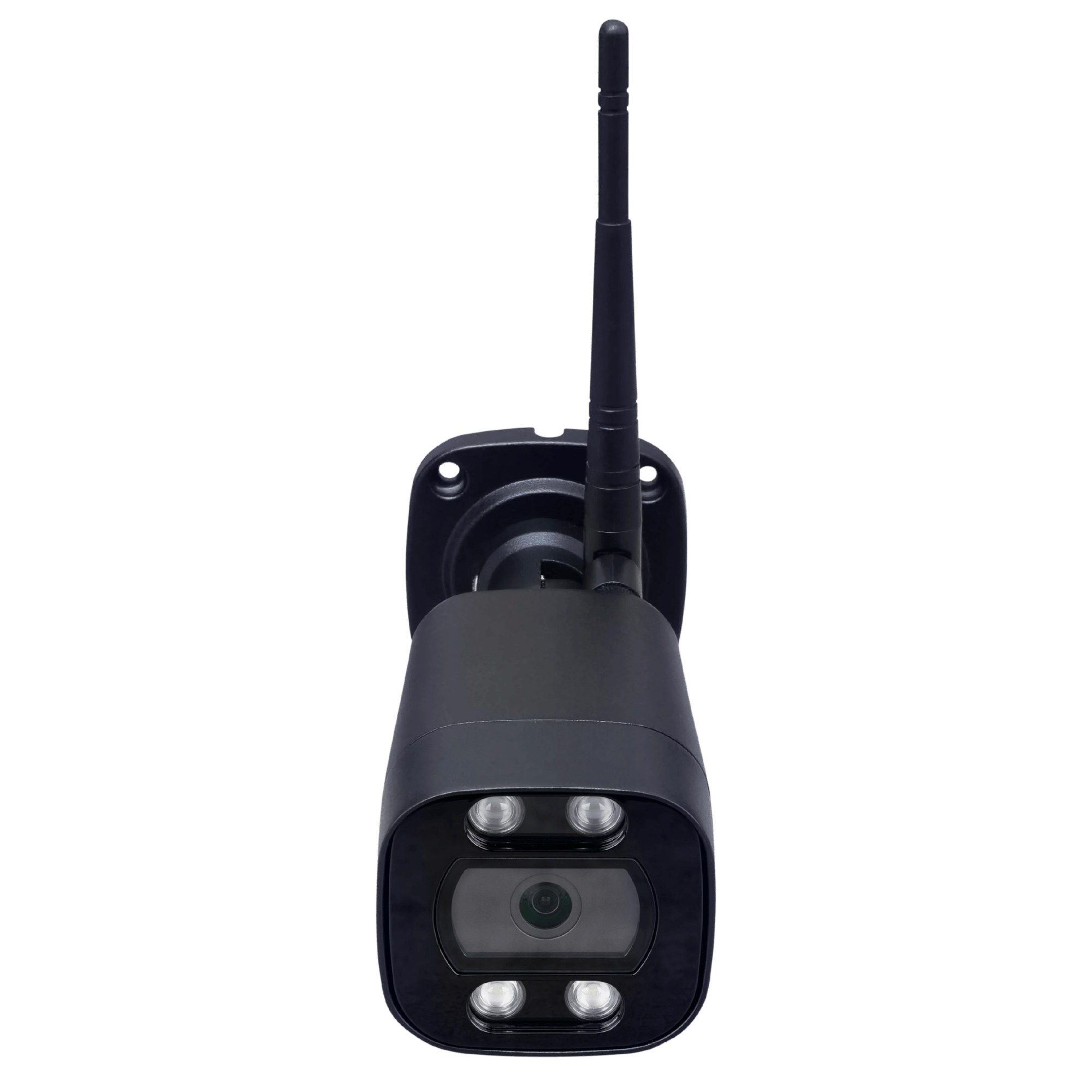RuralView Bullet camera viewed at an angle with two antennas and its wall bracket.