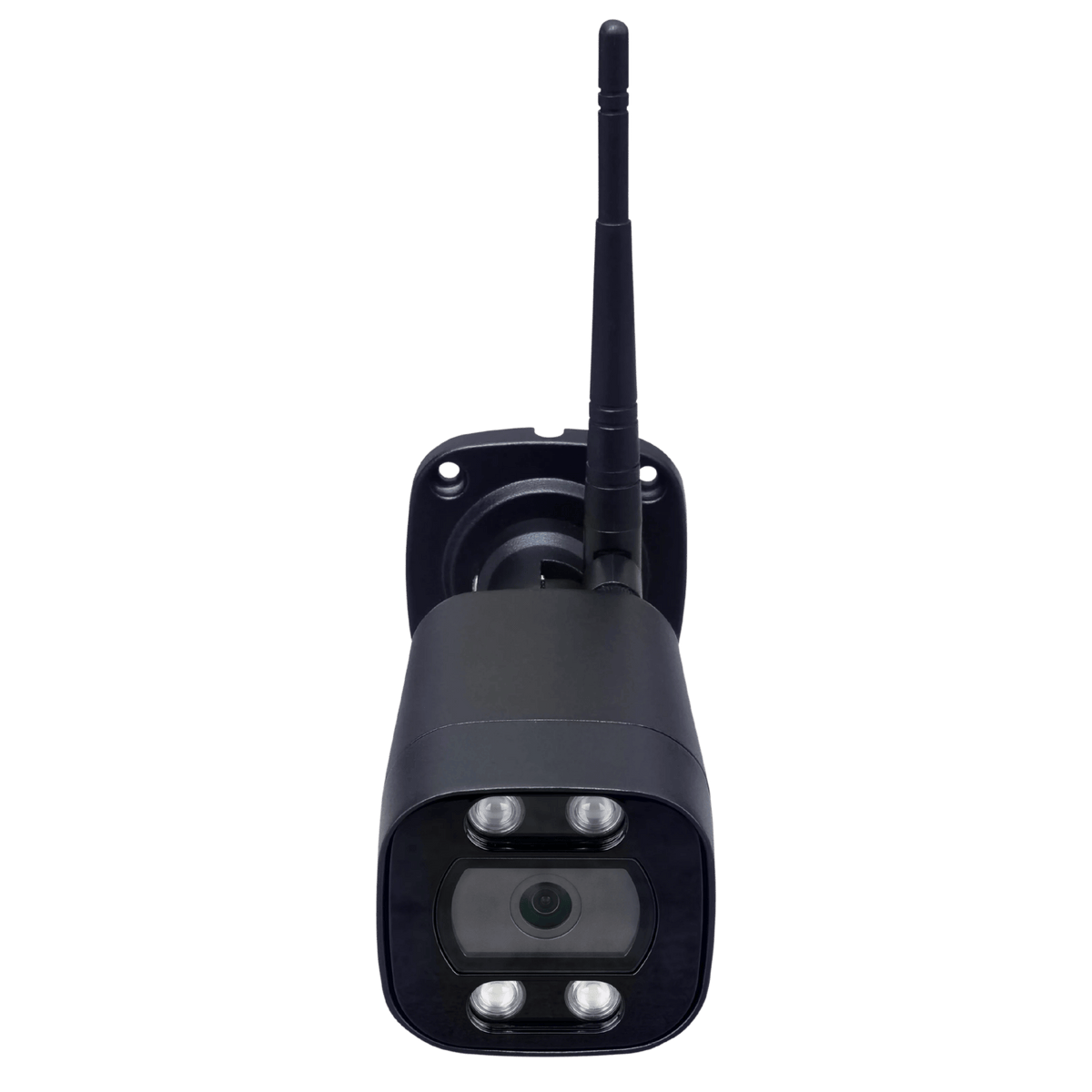 RuralView Bullet camera viewed at an angle with two antennas and its wall bracket.