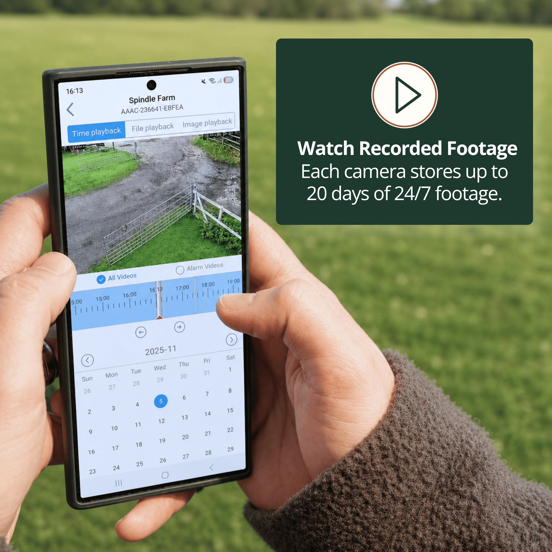 Phone displaying RuralView camera footage and a playback timeline, illustrating how to watch recorded video.