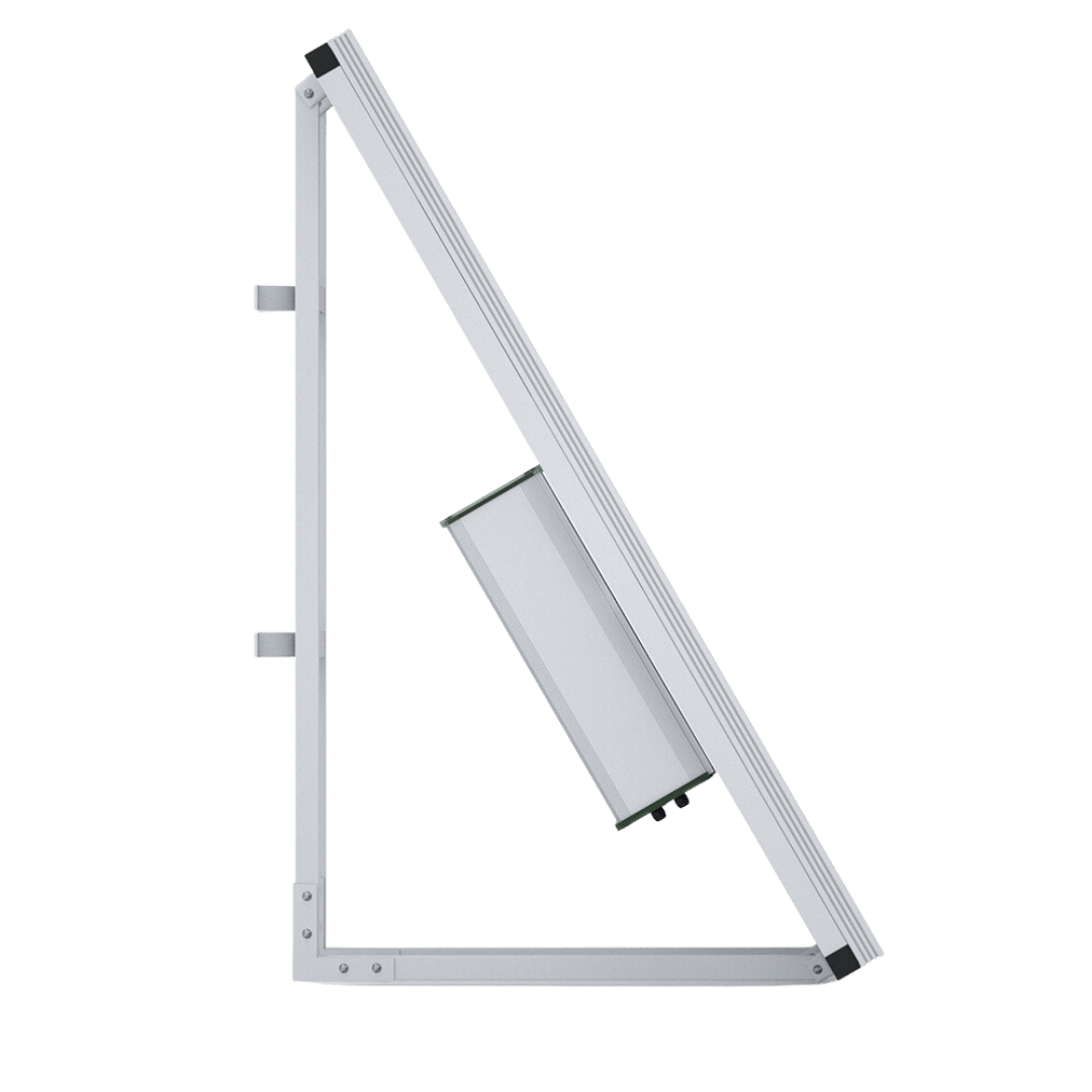Side view of the solar panel, mounting frame and rear battery housing.